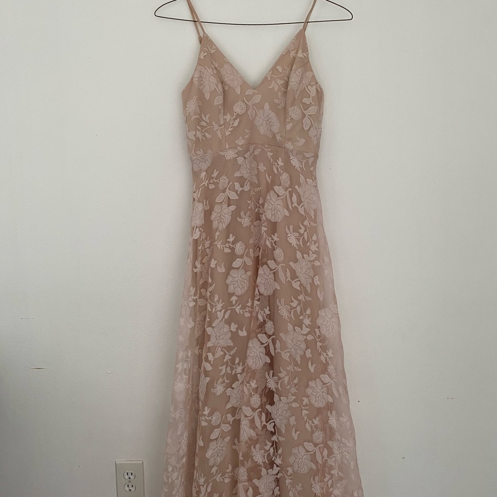 Pink with white floral long prom dress